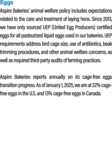 Eggs Aspire Bakeries’ animal welfare policy includes expectations related to the care and treatment of laying hens. S...
